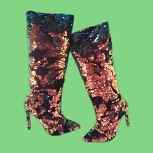 Women's Size 7 Shinny  Flip Sequin Knee High Stiletto Boots Glam Party High Heel